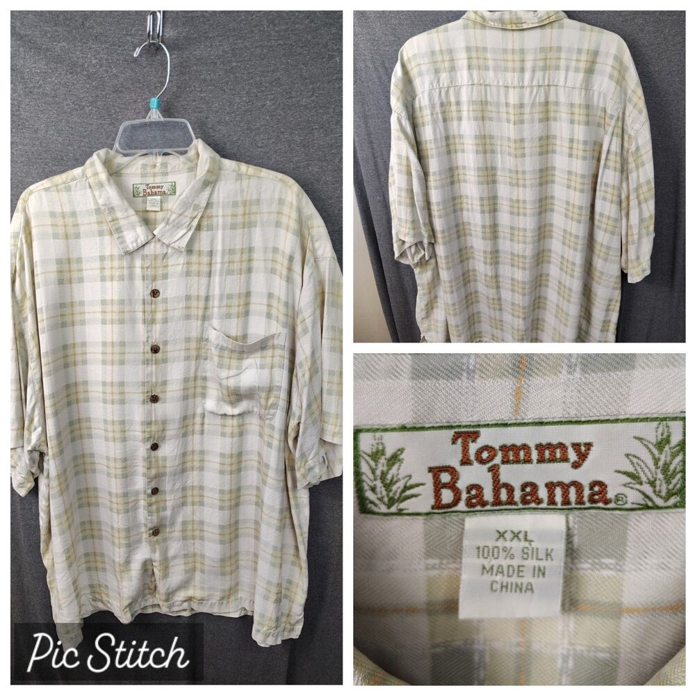 Tommy Bahama Shirt Mens XXL 100% Silk Yellow Short Sleeve Textured Plaid